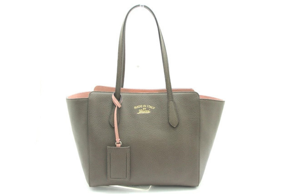 Gucci Tote Bag Leather Greige Gray Pink Swing
